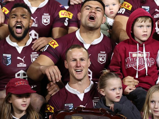 SYDNEY, AUSTRALIA - JULY 12: Daly Cherry-Evans of the Maroons and teammates celebrate with the State of Origin Shield after game three of the State of Origin series between New South Wales Blues and Queensland Maroons at Accor Stadium on July 12, 2023 in Sydney, Australia. (Photo by Brendon Thorne/Getty Images)