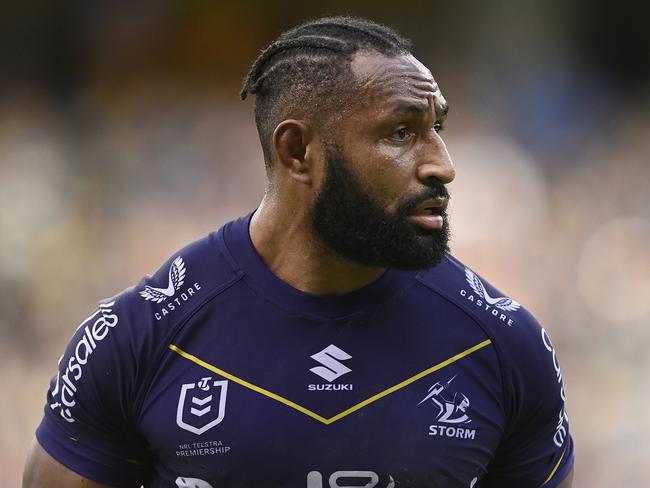 TOWNSVILLE, AUSTRALIA - JUNE 04: Justin Olam of the Storm comes from the field during the round 14 NRL match between North Queensland Cowboys and Melbourne Storm at Qld Country Bank Stadium on June 04, 2023 in Townsville, Australia. (Photo by Ian Hitchcock/Getty Images)