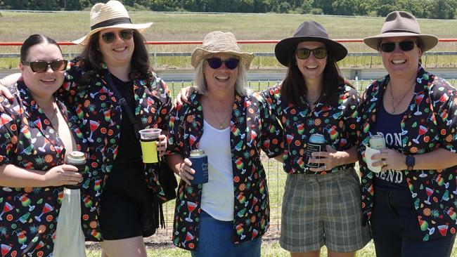 Kacie Pearce, Georgia McEwan, Katrina Stenner, Kathy Corneal and Sheree Lawrie. A great crowd was on hand at the Phillip Hughes Memorial Race Day at Bowraville on December 28, 2022. Picture: Chris Knight