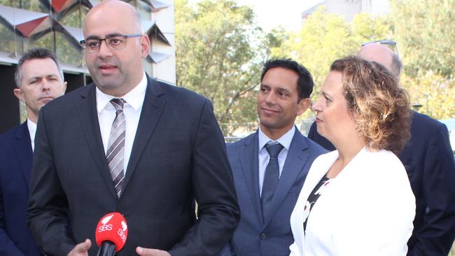 Mayor Khal Afsour speaks about Bankstown’s potential to host the SBS complex, watched by Jason Clare, Labor candidate for Banks Chris Gambian, and Greenway MP Michelle Rowland.