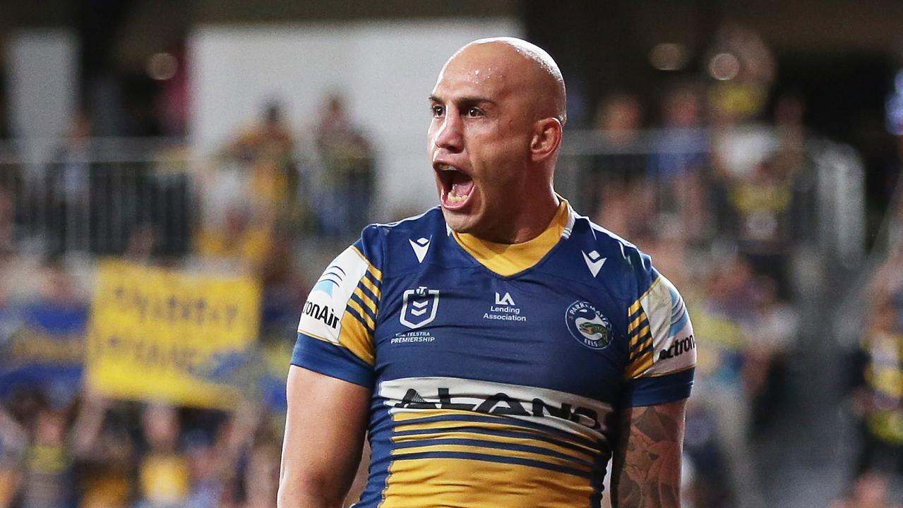 SYDNEY, AUSTRALIA - MARCH 27: Blake Ferguson of the Eels celebrates scoring a try during the round three NRL match between the Parramatta Eels and the Cronulla Sharks at Bankwest Stadium on March 27, 2021, in Sydney, Australia. (Photo by Matt King/Getty Images)