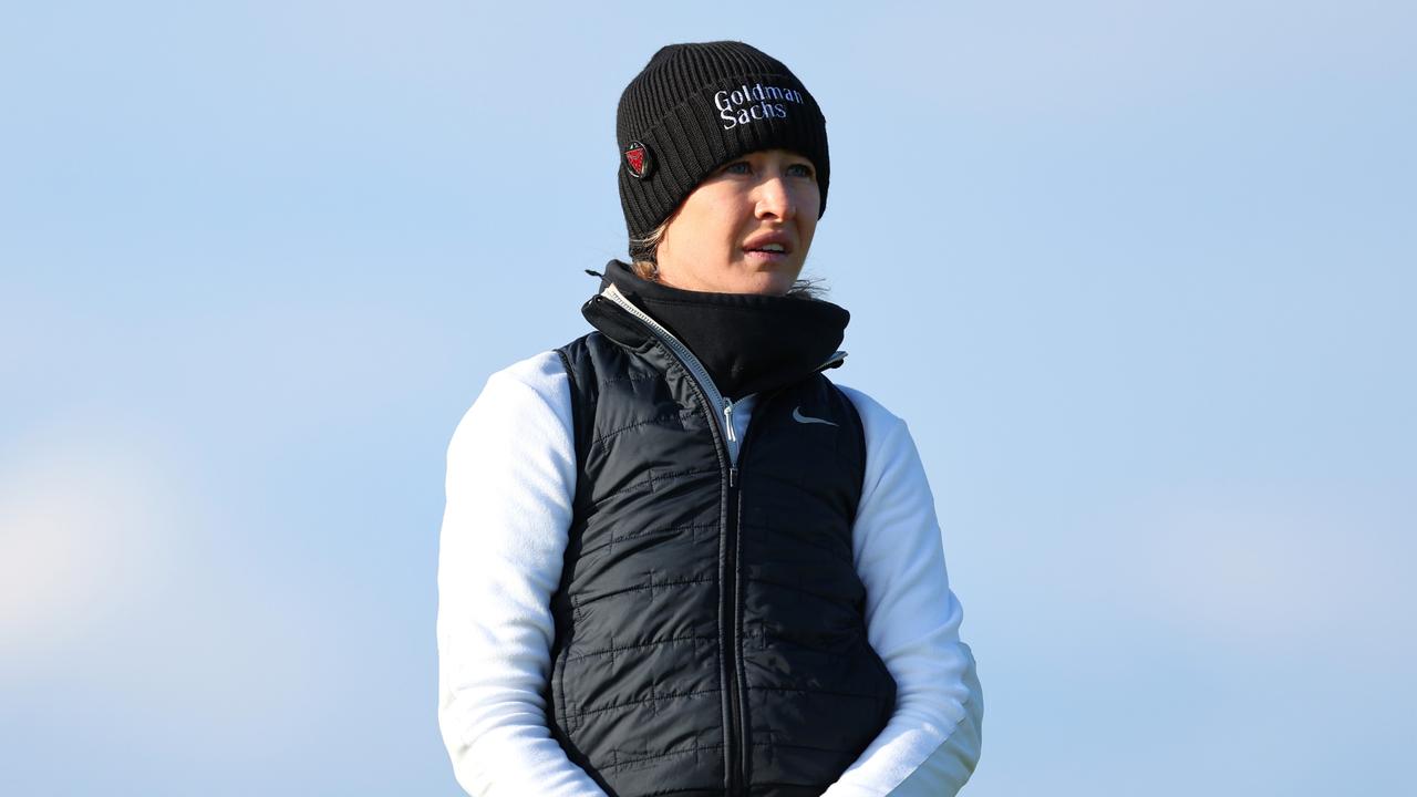 ST ANDREWS, SCOTLAND - AUGUST 24: Nelly Korda of the United States reacts after playing her drive out of bounds on 16th tee during Day Three of the AIG Women's Open at St Andrews Old Course on August 24, 2024 in St Andrews, Scotland. (Photo by Michael Reaves/Getty Images)