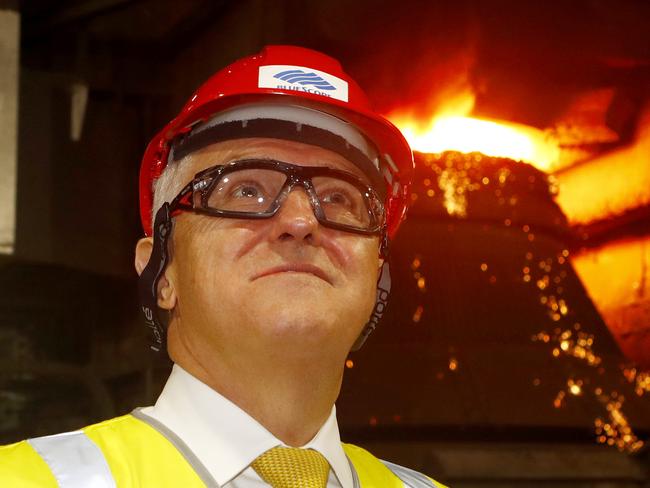 Australian Prime Minister Malcolm Turnbull at BlueScope Steel’s Port Kembla plant, which may be hit by Donald Trump’s announcement. Picture: AAP