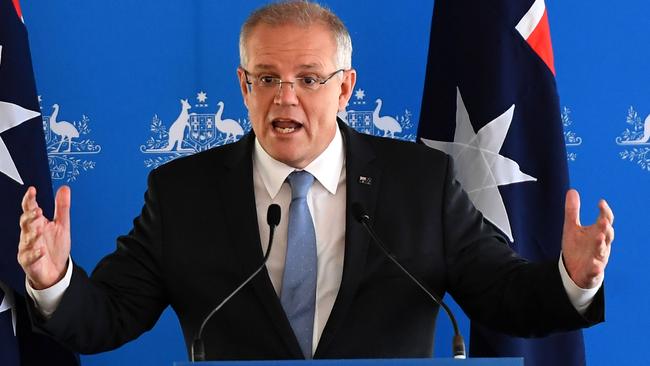 MELBOURNE, AUSTRALIA - MARCH 18: Prime Minister Scott Morrison addresses the Australia-Israel Chamber of Commerce on March 18, 2019 in Melbourne, Australia. The Prime Minister has announced an acceleration to the Safer Communities programme, with $55 million in community safety grants, with priority to be given to religious schools, places of religious worship and religious assembly. Grants from $50,000 to $1.5 million will provide for safety enhancements such as CCTV cameras, lighting, fencing, bollards, alarms, security systems and public address systems. The additional funding is in response to the deadly shooting attacks on two mosques in Christchurch on Friday, 15 March which killed 50 people. (Photo by Quinn Rooney/Getty Images)