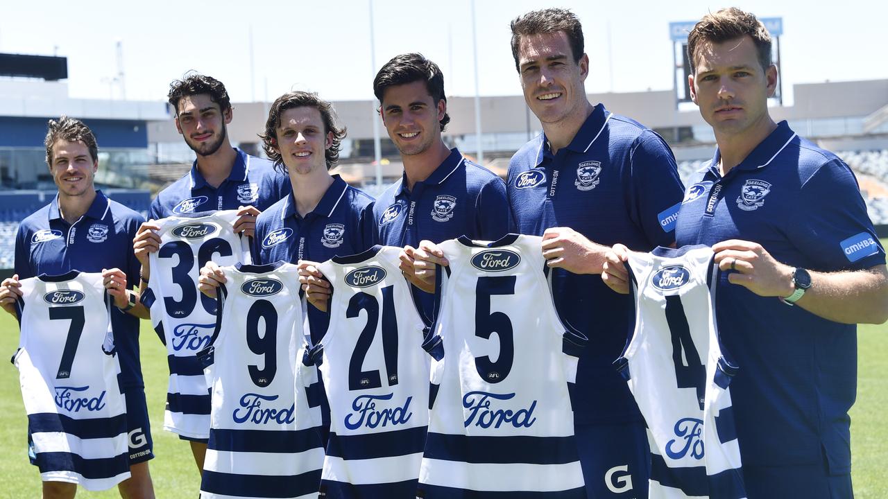 New Cats: Isaac Smith, Paul Tsapatolis, Max Holmes, Nick Stevens, Jeremy Cameron and Shaun Higgins. Picture: Alan Barber