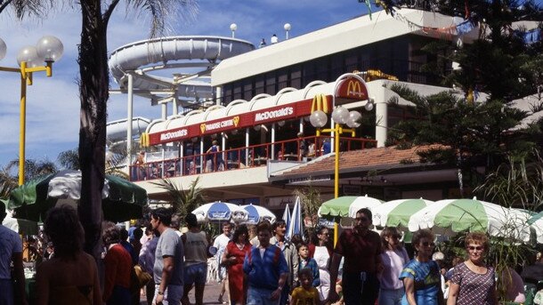 Cavill Mall and the Grundy's slides, Surfers Paradise, early 1980s