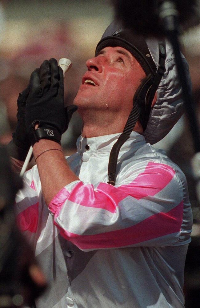 Jim Cassidy looks to the heavens after winning the 1997 Melbourne Cup in 1997.