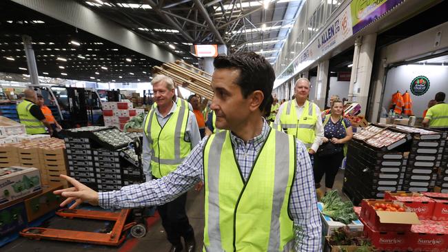 Leader of the Opposition David Crisafulli tours the Brisbane Markets, in Rocklea in the Labor-held seat of Miller, on Thursday morning. Picture: Liam Kidston