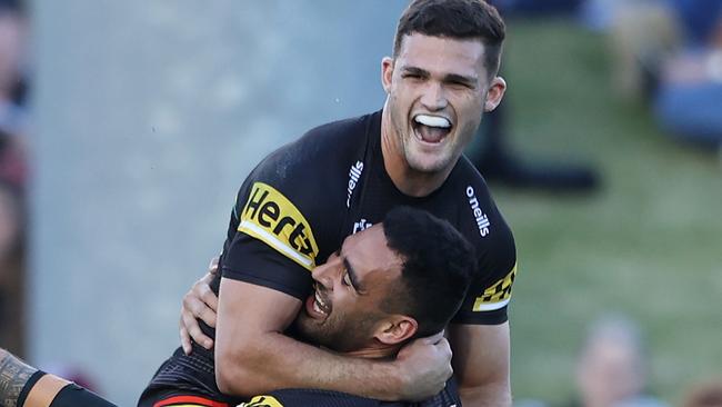 BATHURST, AUSTRALIA - MAY 01:  Tyrone May of the Panthers celebrates with Nathan Cleary of the Panthers after scoring a try during the round eight NRL match between the Penrith Panthers and the Manly Warringah Sea Eagles at Carrington Park on May 01, 2021, in Bathurst, Australia. (Photo by Matt Blyth/Getty Images)