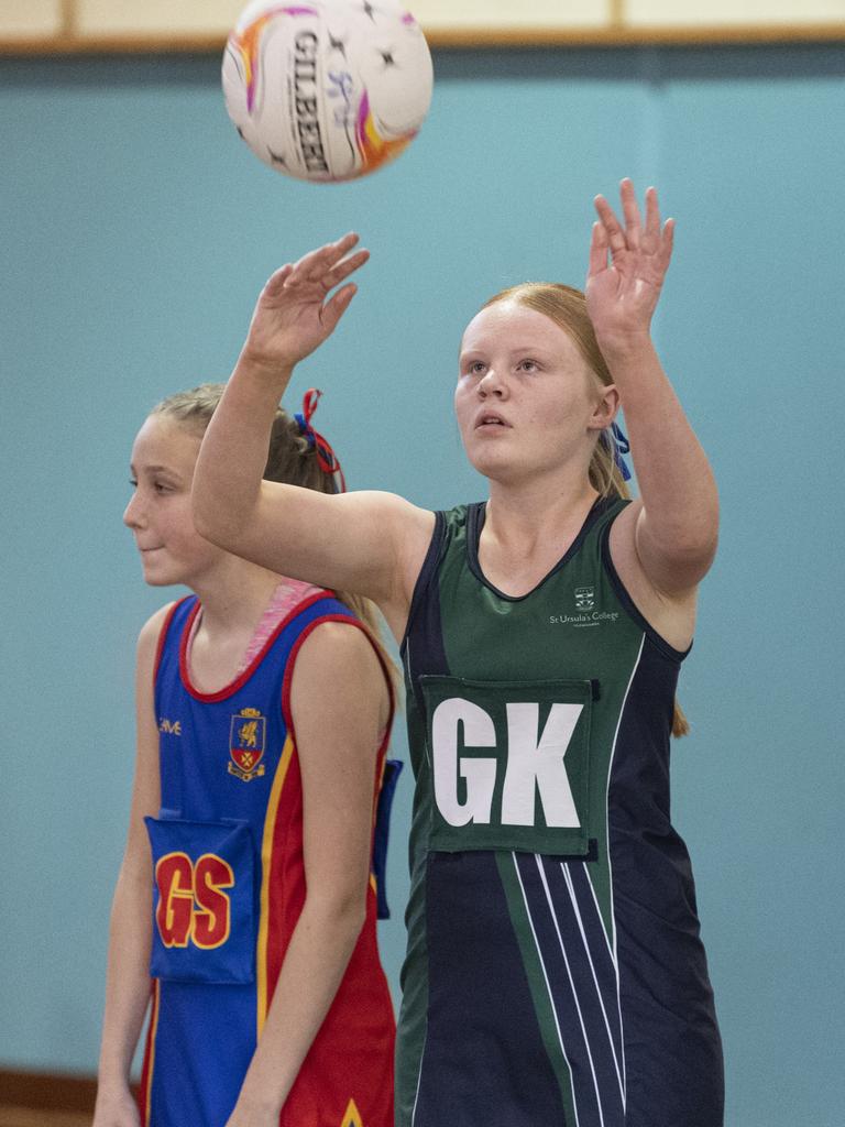 Lola Youngberry of St Ursula's Junior Development against Downlands Junior C in Merici-Chevalier Cup netball at Salo Centre, Friday, July 19, 2024. Picture: Kevin Farmer