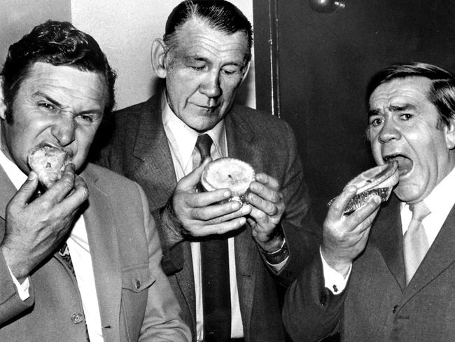 Bob Davis with Jack Dyer and Lou Richards eating pies on the set of World of Sport in 1973.