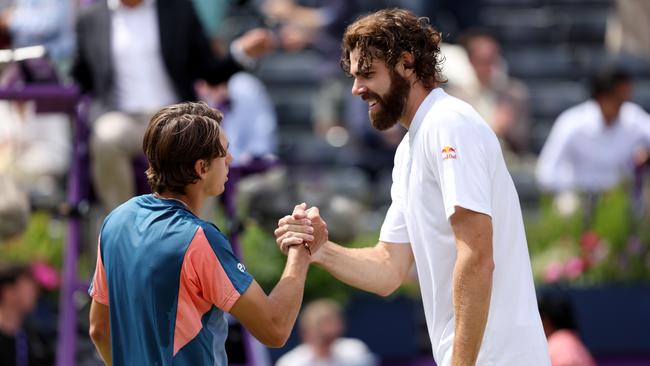 Alex de Minaur defied a significant height disadvantage to eliminate Reilly Opelka at The Queen’s Club Championships. Picture: Getty Images