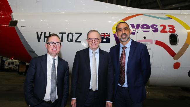 Former Qantas CEO Alan Joyce, Prime Minister Anthony Albanese and former footballer Adam Goodes. Picture: Gaye Gerard/NCA Newswire