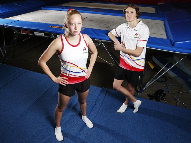 Trampoline athletes Amber French, 16, and brother Matthew French, 20, of Tinderbox, have been unable to train due to the COVID-19 pandemic. Picture: Zak Simmonds