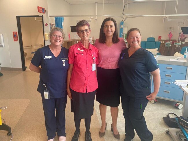 Deb Frecklington and Sue Cox thanked nurses, Michelle,Sarah, and Dale at Kingaroy Hospital who are delivering the new chemotherapy services.