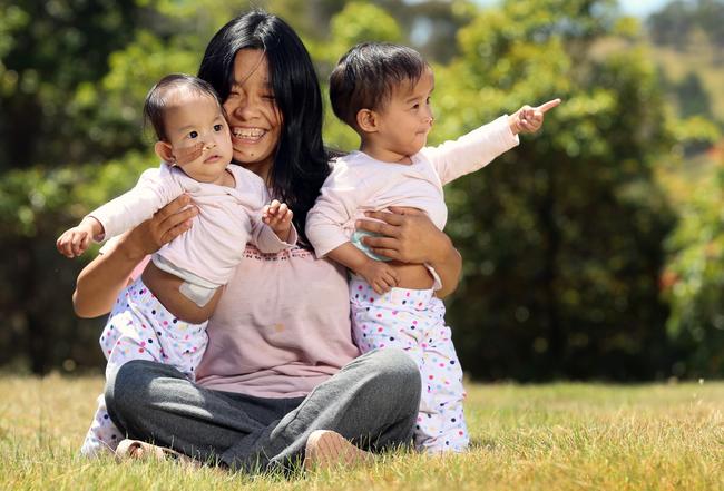 Nima (left) and Dawa (right) with mum Bhumchu Zangmo at Children First Foundation’s Kilmore retreat. Picture: Alex Coppel