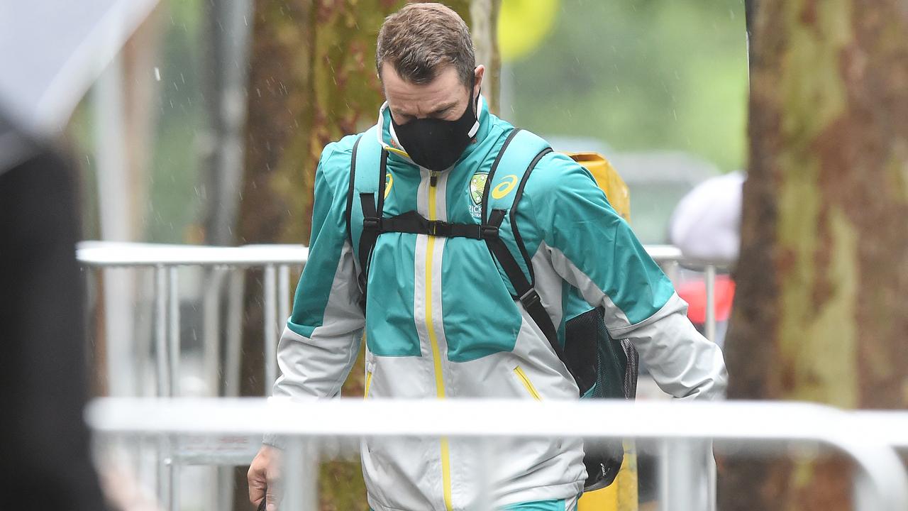 Matthew Wade arrives at the Australian team hotel in Melbourne on Thursday. Picture: Josie Hayden