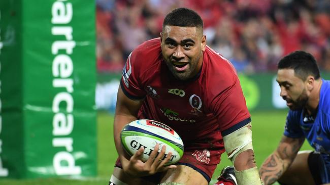 Lukhan Tui of the Queensland Reds smiles after scoring a try during their Round 14 Super Rugby game against the Western Force at Suncorp Stadium in Brisbane, Friday, May 26, 2017. (AAP Image/Dan Peled) NO ARCHIVING, EDITORIAL USE ONLY