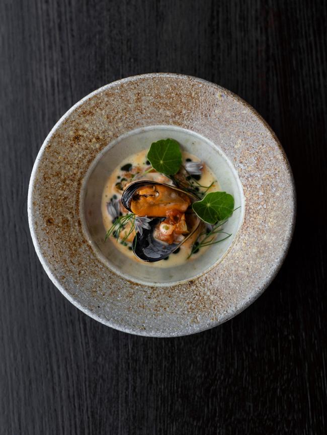 Oirthir’s blue lip mussels with zucchini kimchi. Picture: Adam Gibson.