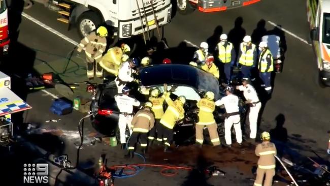 A woman was trapped inside a BMW for two hours following the collision. Picture: 9 News Sydney/Twitter