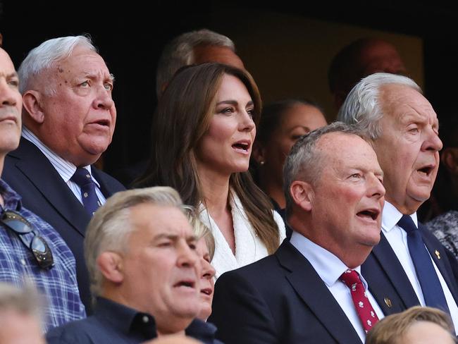 Princess Catherine sings the national anthem ahead of the rugby match. Picture: Getty Images