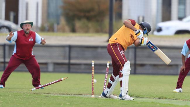 Surfcoast batter Jeevan Rihal was skittled by Shane Healey. Picture: Mark Wilson