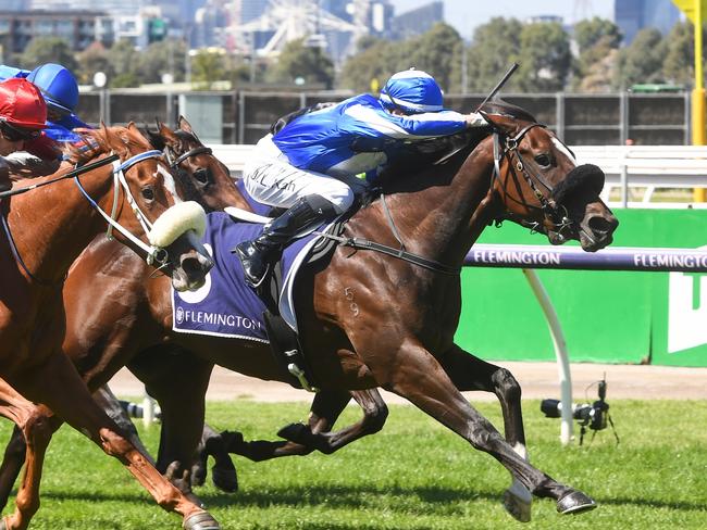 Ruthless Dame (NZ) ridden by Jamie Kah wins the TBV Thoroughbred Breeders Stakes at Flemington Racecourse on March 12, 2022 in Flemington, Australia. (Brett Holburt/Racing Photos via Getty Images)