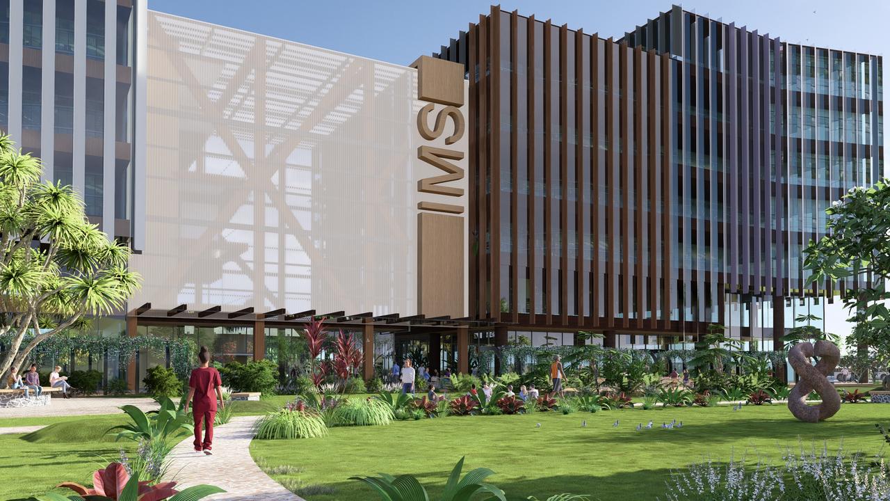 A rendered image of Integrated Medical Services' new Cairns private hospital, to built on land owned by JCU at the Far North Health Innovation Precinct accompanying the Cairns Tropical Enterprise Centre. Visualisation by:Peddle Thorp Architects.