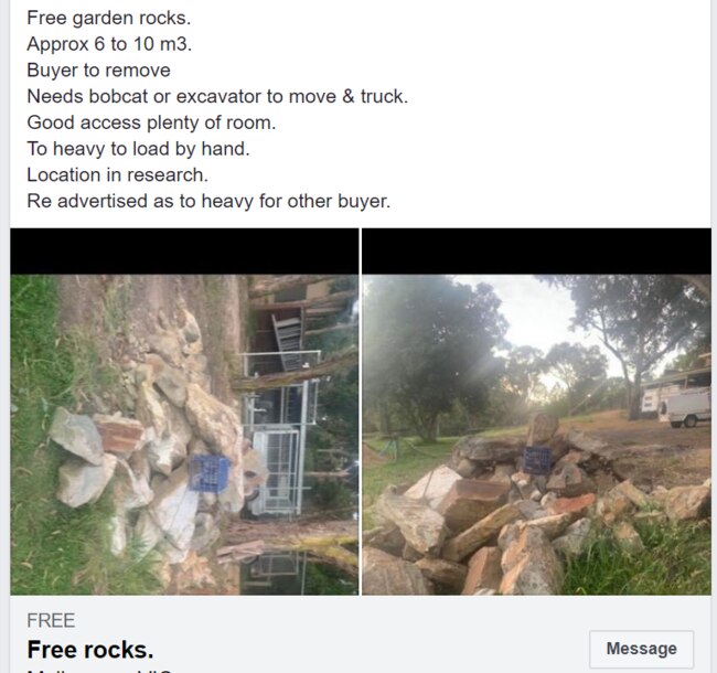 Garden rocks were advertised on a Banyule buy, swap and sell Facebook page. Picture: Facebook