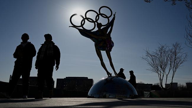 A statue titled Dating With the Winter Olympics by Huang Jian, near the headquarters of the Beijing Organising Committee in Shougang Park, one of the sites for the Beijing 2022 Winter Olympics. Picture: AFP