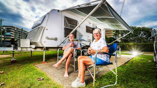 Retirees Trevor and Theresa Smeltzer, of Mansfield, managed to beat the lockdown by one day to have a Gold Coast getaway at the Burleigh Heads Tourist Park. Picture: NIGEL HALLETT