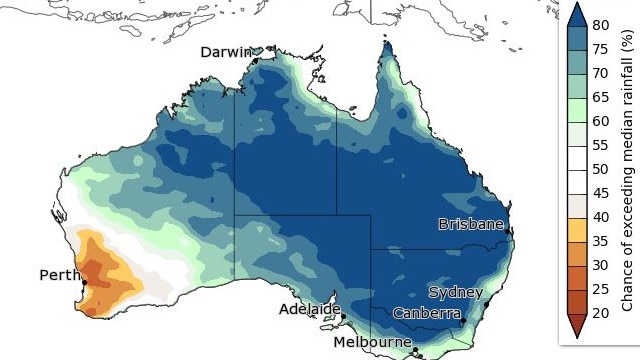 The chance of above median rain for June to August. Pic: The Bureau of Meteorology.