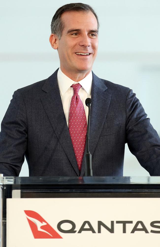 Los Angeles Mayor Eric Garcetti at the opening of Qantas's A380 hangar at LAX. Picture: Matt Sayles.