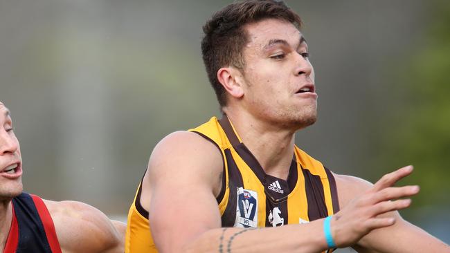 .VFL SUNDAY FOOTY BOX HILL V CASEYaCasey playerEvan Panozza tries to hold back Box Hill player Shem TatupuPicture:  Janine Eastgate