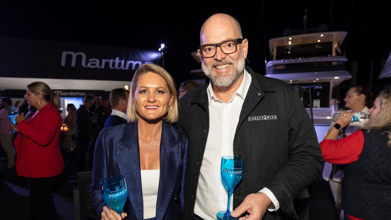 Belinda Norton and Archie Cox for The Pulse at Maritimo Luxury Yachts global launch of the S75 and M75 at the Sanctuary Cove International Boat Show 2023. Picture: Celeste Humphrey