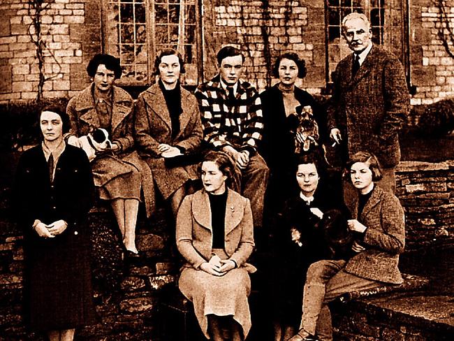 The Mitfords. One of modern history’s most remarkable families. Back row (L-R) Lady Redesdale, Nancy, Diana, Tom, Pamela and Lord Redesdale. Front (L-R) Unity, Jessica and Deborah, 1934. Picture: Mitford family / supplied