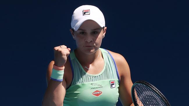 Ash Barty celebrates her victory over Petra Kvitova at Melbourne Park on Tuesday. Picture: Michael Klein