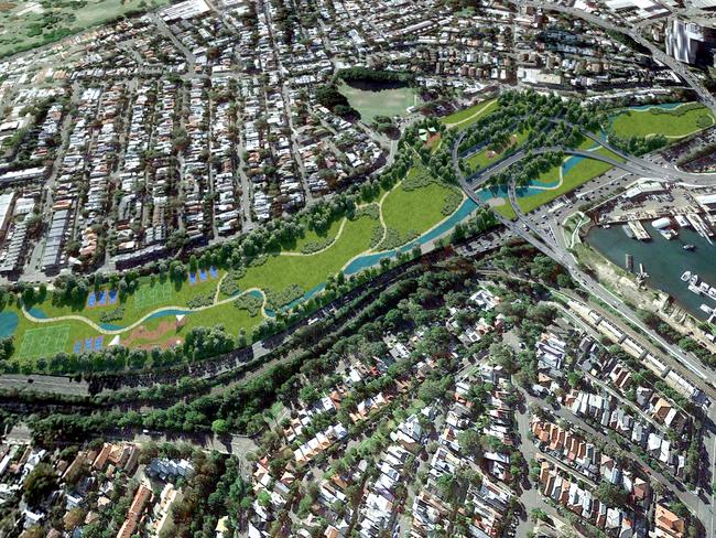 Artist’s impression of the Rozelle Interchange and parkland proposed as part of the WestConnex motorway project.