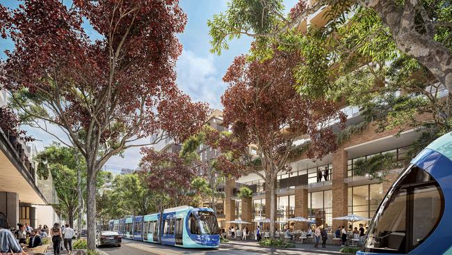 Artist's impression of potential Parramatta Road transformation to include a light rail down the middle. , These renders are situated at the corner of Burwood and Parramatta Roads. Picture: Supplied.