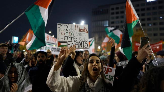 Protesters gesture as they take part in a demonstration against the holding of the UEFA Nations League Group A2 football match between France and Israel. Picture: AFP