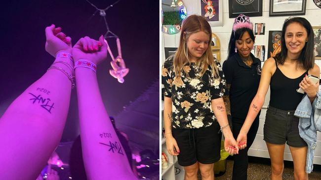 Friends Kira Collins and Thea Schlencker got matching Pink tattoos ahead of her Townsville show. Picture: Supplied