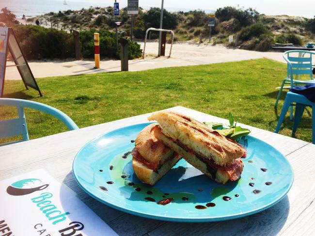 Free-range egg and bacon roll at Beach Break