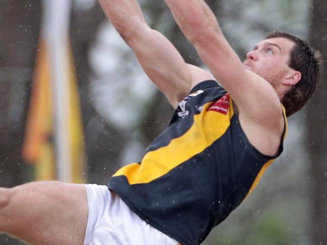 Jake Matthews of Woori takes a big mark during the AFL Yarra Ranges Football Grand Final between Wandin and Woori Yallock played at Yarra Glen Showgrounds on Friday 28th September, 2018.