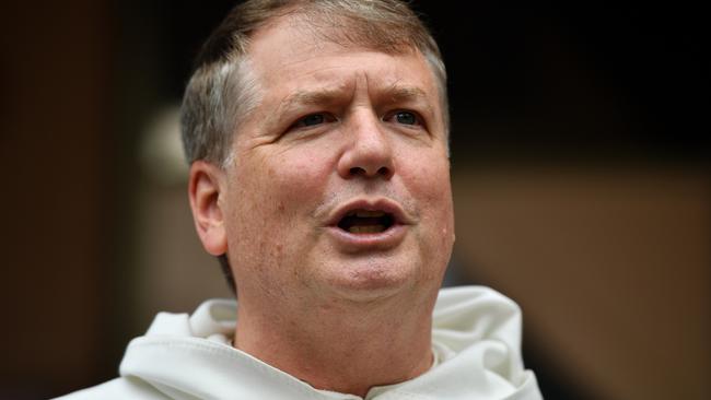 Rev. Anthony Fisher speaks to the media at St Mary's Cathedral in Sydney. Picture: Joel Carrett