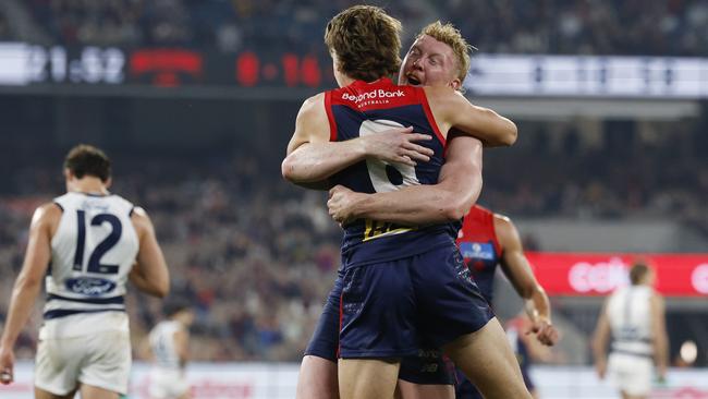 MELBOURNE , AUSTRALIA. May 4, 2024.  AFL. Melbourne vs Geelong at the MCG.    Clayton Oliver enjoys Caleb Windsors 4th qtr goal  . Pic: Michael Klein