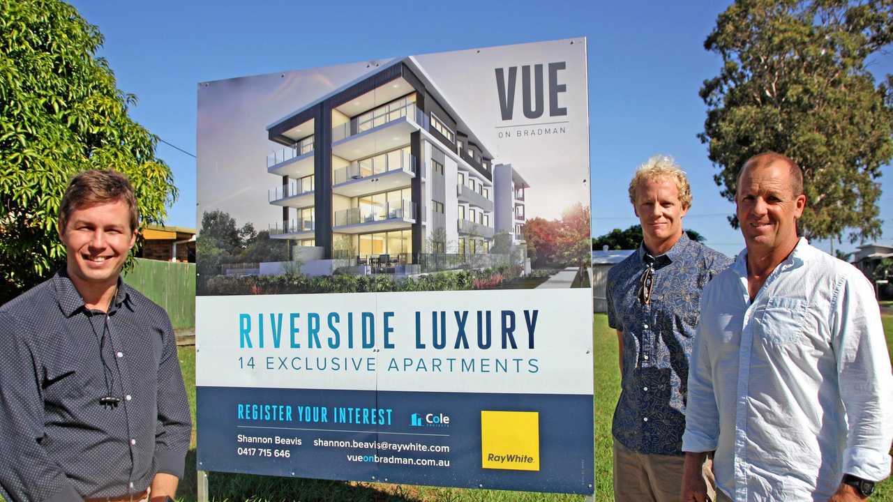 QUITE A VIEW: Shannon Beavis of Ray White Maroochydore with Cameron Cole and Steve Cole of Cole Projects at VUE on Bradman. Picture: Erle Levey