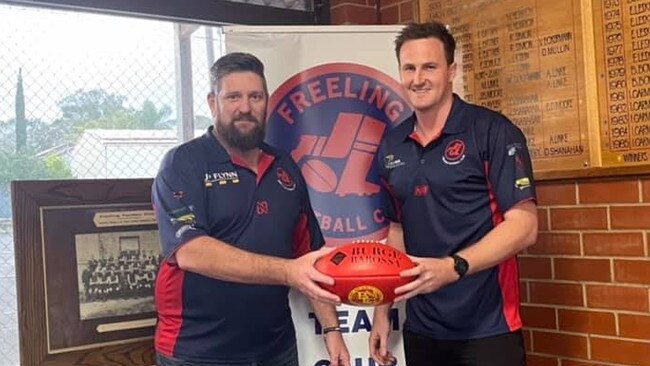 Freeling coach Jonathon Ross (right) has gradually turned the A Grade side around since signing in the offseason. Picture: Freeling Football Club