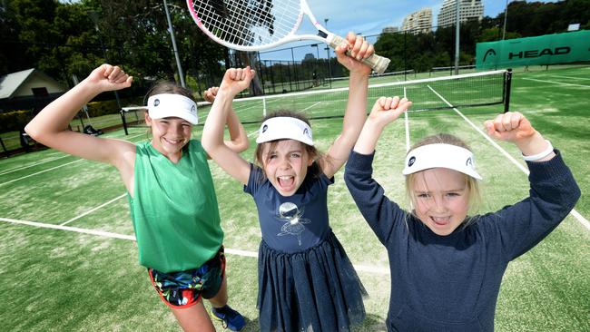 Zara Pedreschi, 7, Giselle Becker, 11 and Sadie Kimberley, 6, are some of the young girls taking up the sport in the wake of Ash Barty’s success. Picture: Andrew Henshaw