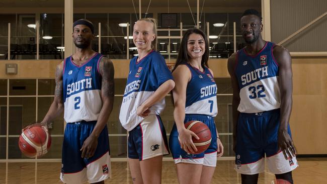 South Adelaide basketball players Jeremy Smith, Isabella Osk Sigurdardottir, Holly Forbes and Alex Starling at their new home venue Mitchell Park Sport and Community Centre. Picture: Naomi Jellicoe