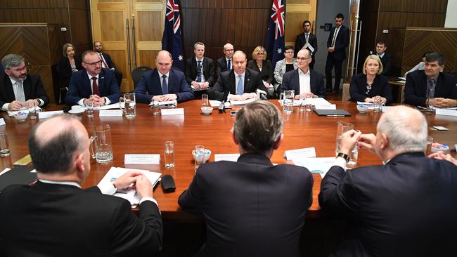 Australian Treasurer Josh Frydenberg with state treasurers ahead of a COAG meeting at the Commonwealth Parliamentary Offices in Melbourne on Wednesday. Picture: AAP